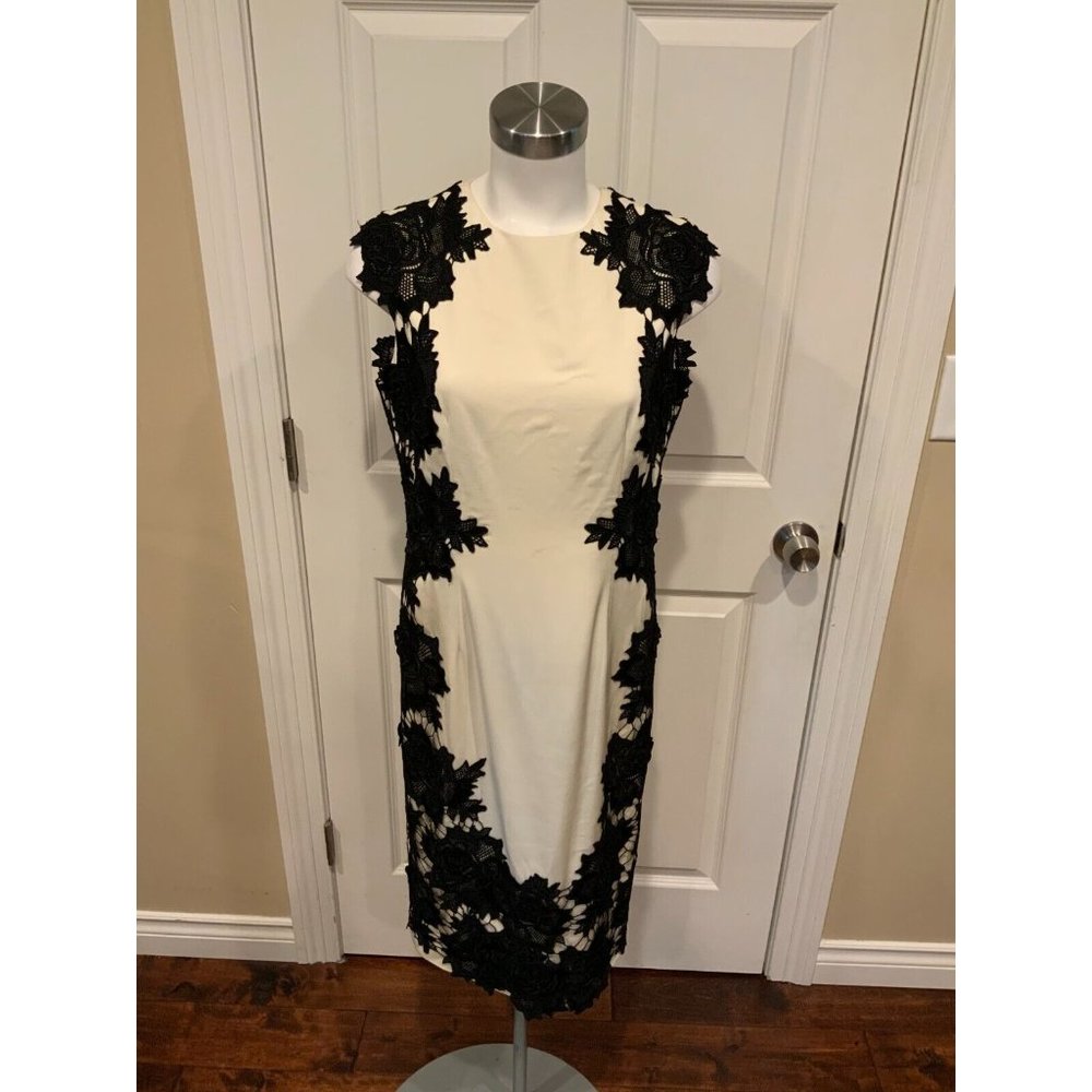 Lela Rose Cream Sleeveless Sheath Midi Dress w/ Black Floral Lace, Size 8